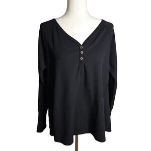 Womens Black Textured Raw Hem 3 Button Rounded Hem Shirt Top Size Large